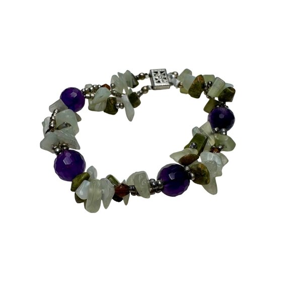 Bracelet Women 7.5" Purple White Green Stone Chips Box Clasp Chunky Boho Jewelry - Picture 3 of 10